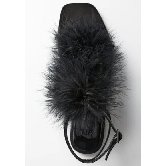 NWT Zara black feather accented flat strap up sandals, EU 36 - Picture 9 of 14